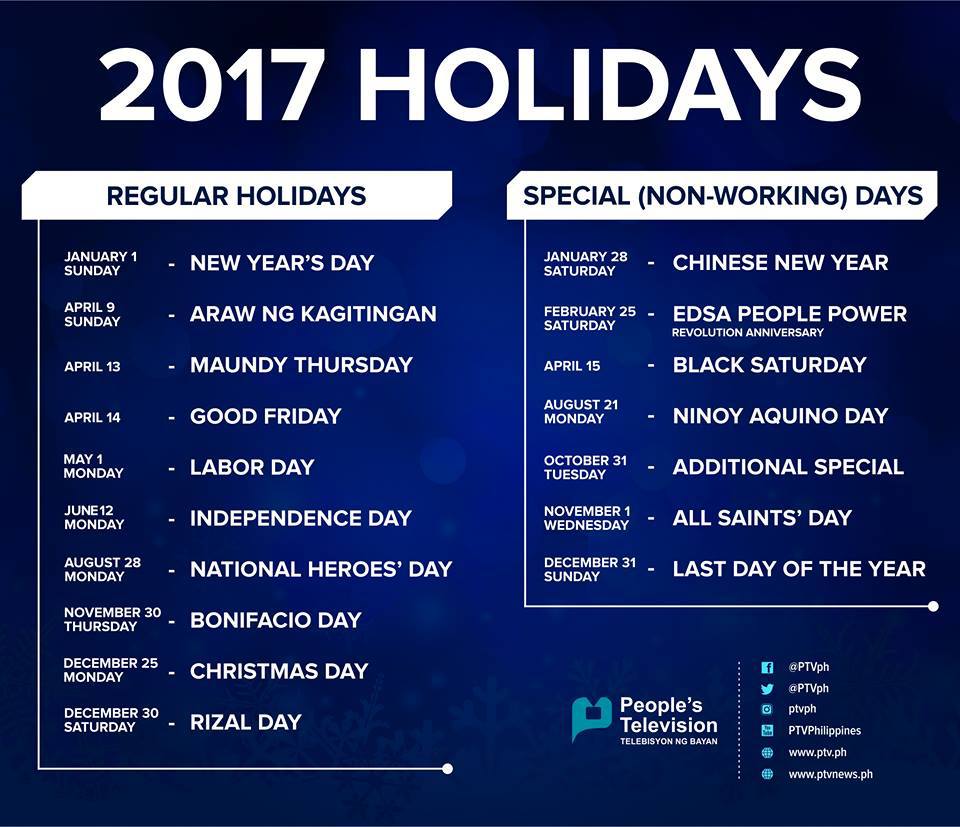 SEVEN LONG WEEKENDS | List Of Holidays For 2017 According To Malacañang ...