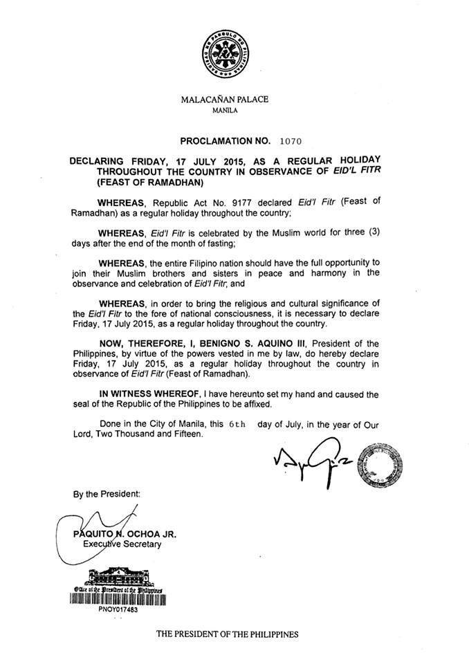 EID'L FITR  July 17 2015 declared a holiday nationwide 